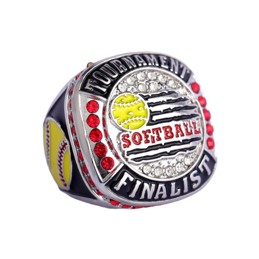 Softball Tournament Finalist Ring – Silver Finish with Red Stones & Bold Championship Design