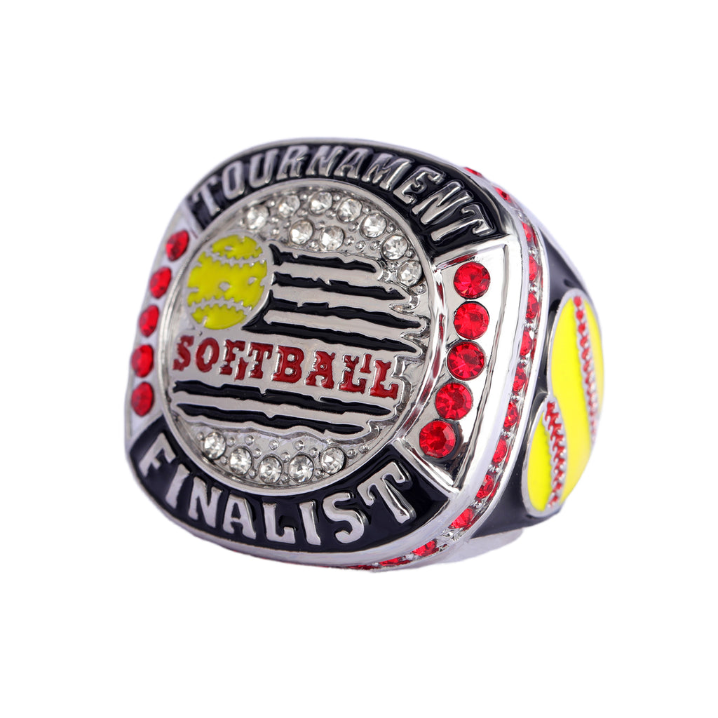 Softball Tournament Finalist Ring – Silver Finish with Red Stones & Bold Championship Design