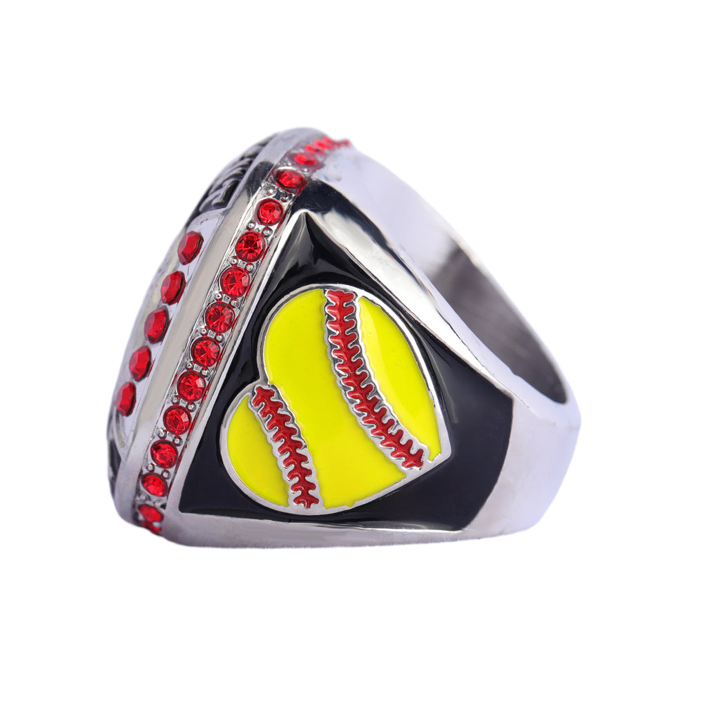Softball Tournament Finalist Ring – Silver Finish with Red Stones & Bold Championship Design