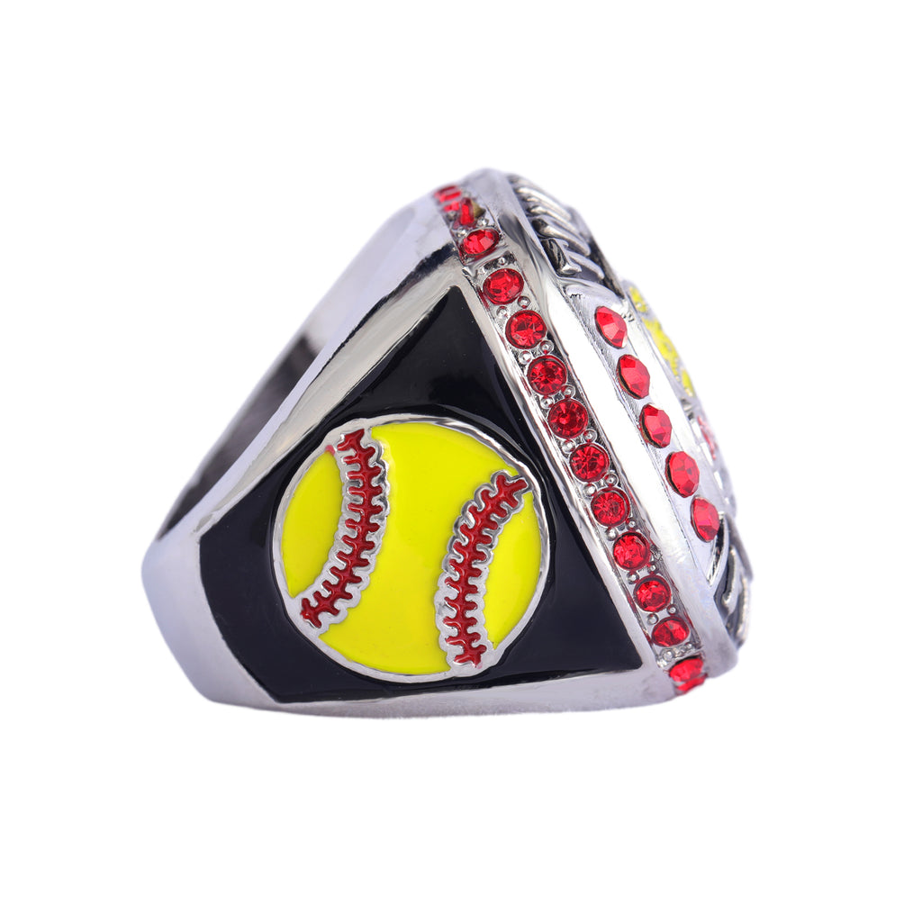 Softball Tournament Finalist Ring – Silver Finish with Red Stones & Bold Championship Design