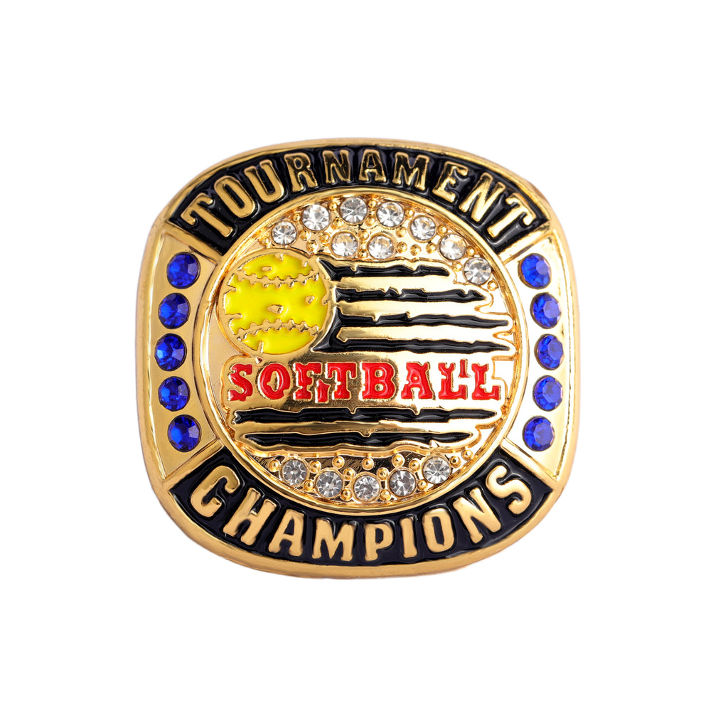 Softball Tournament Champions Ring – Gold Finish with Blue Stones & Custom Top Banner