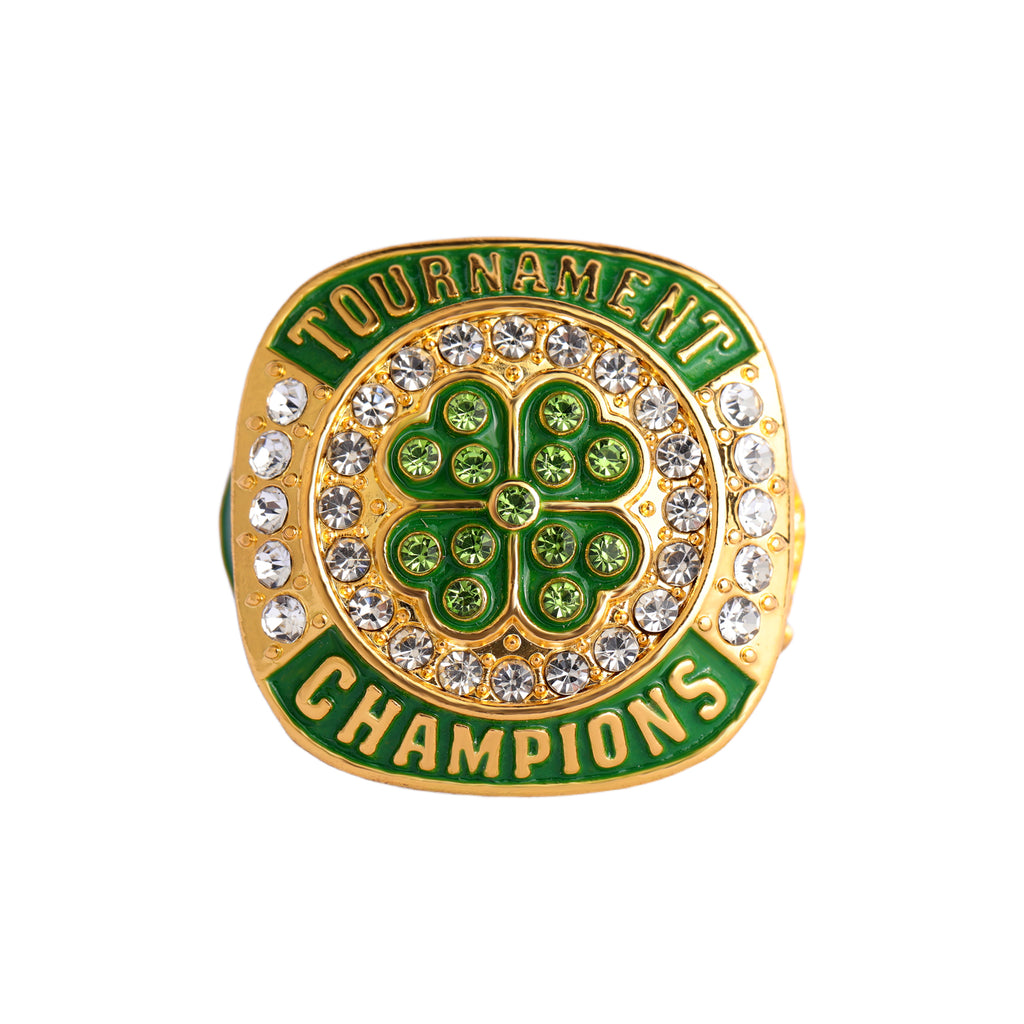 Softball Tournament Champions Ring – Gold Finish with Green Clover & Crystal Detail