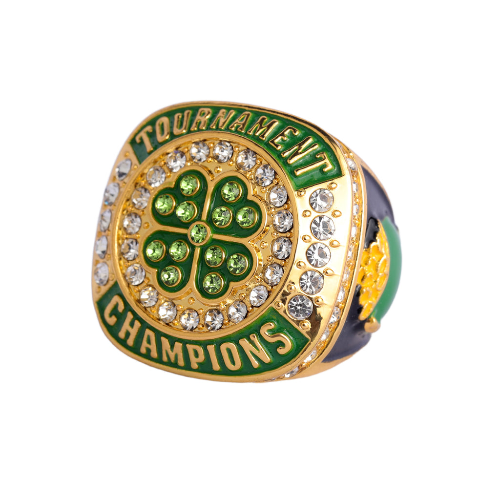 Softball Tournament Champions Ring – Gold Finish with Green Clover & Crystal Detail