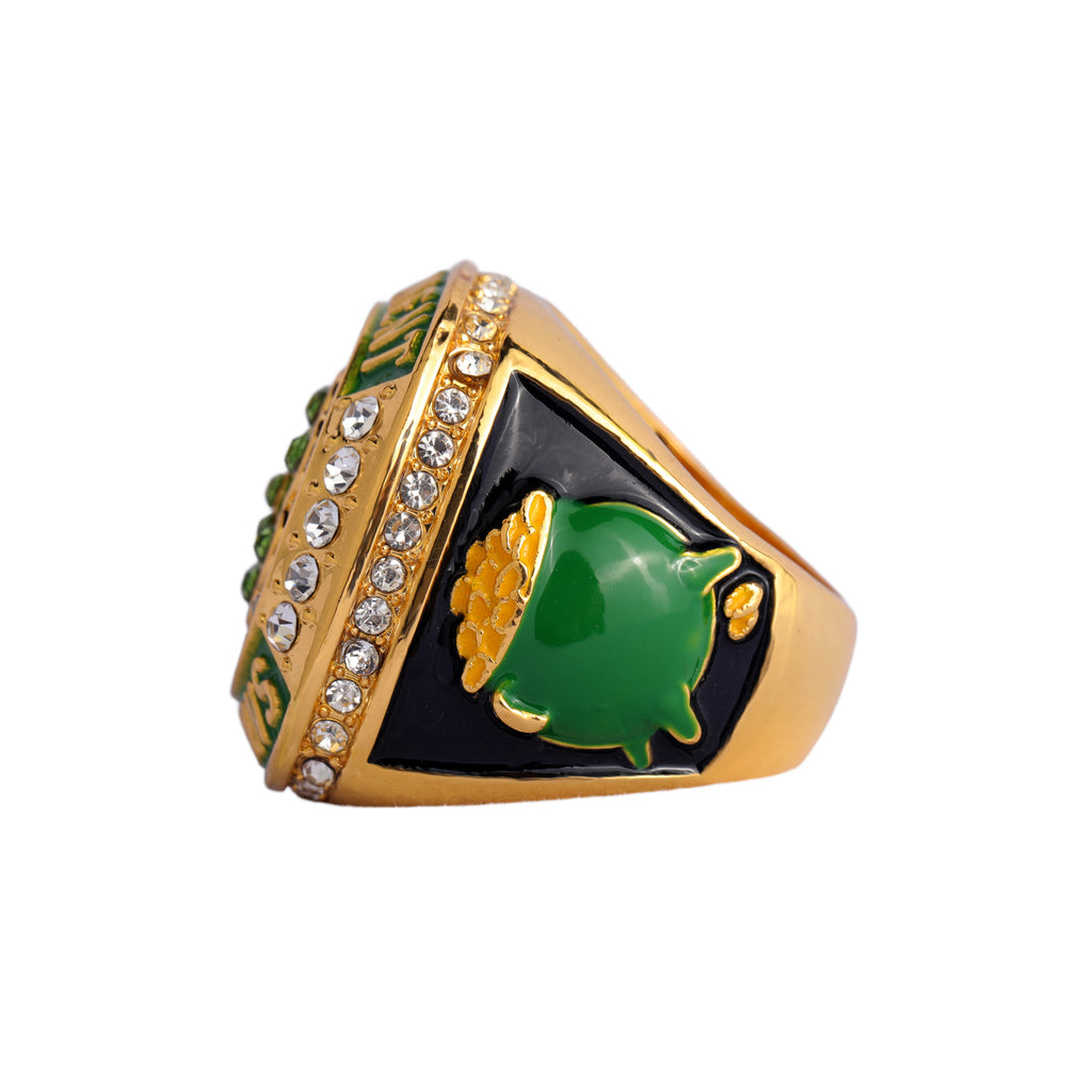 Softball Tournament Champions Ring – Gold Finish with Green Clover & Crystal Detail