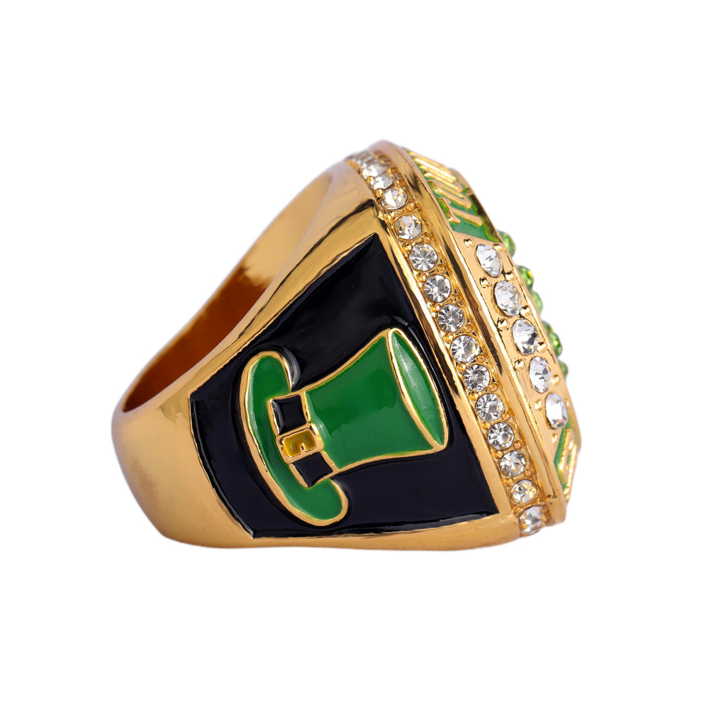 Softball Tournament Champions Ring – Gold Finish with Green Clover & Crystal Detail