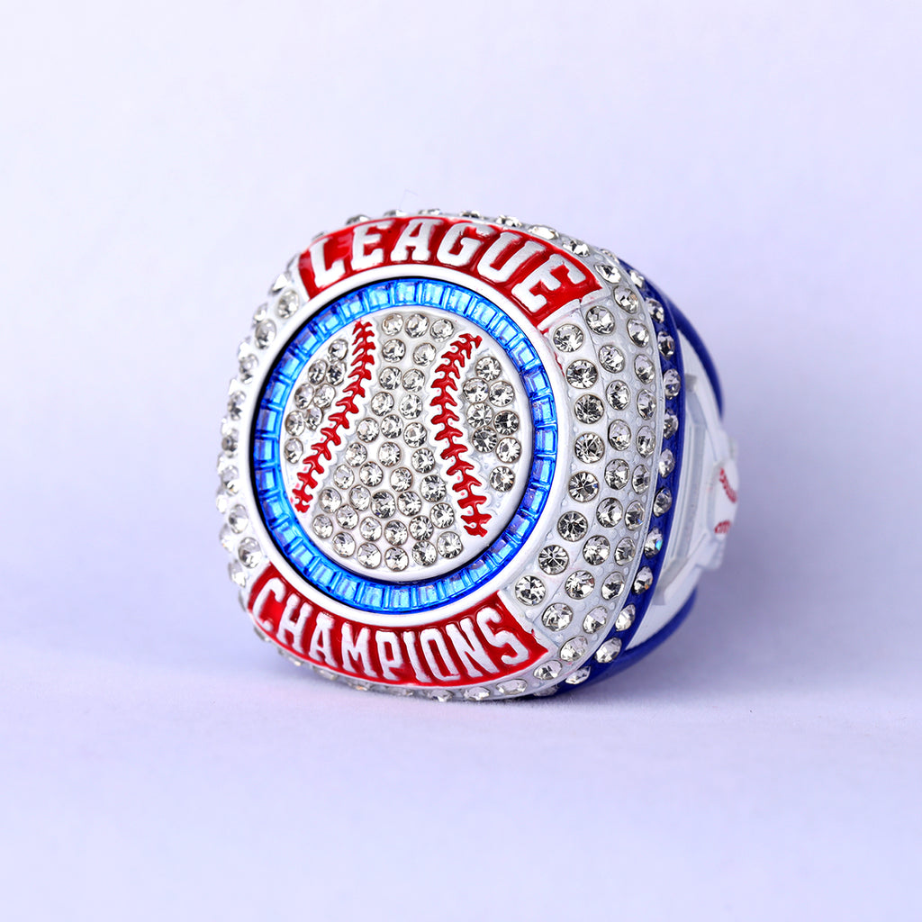 Patriotic Baseball Championship Ring – League Champions Rhinestone Ring (Red/White/Blue)