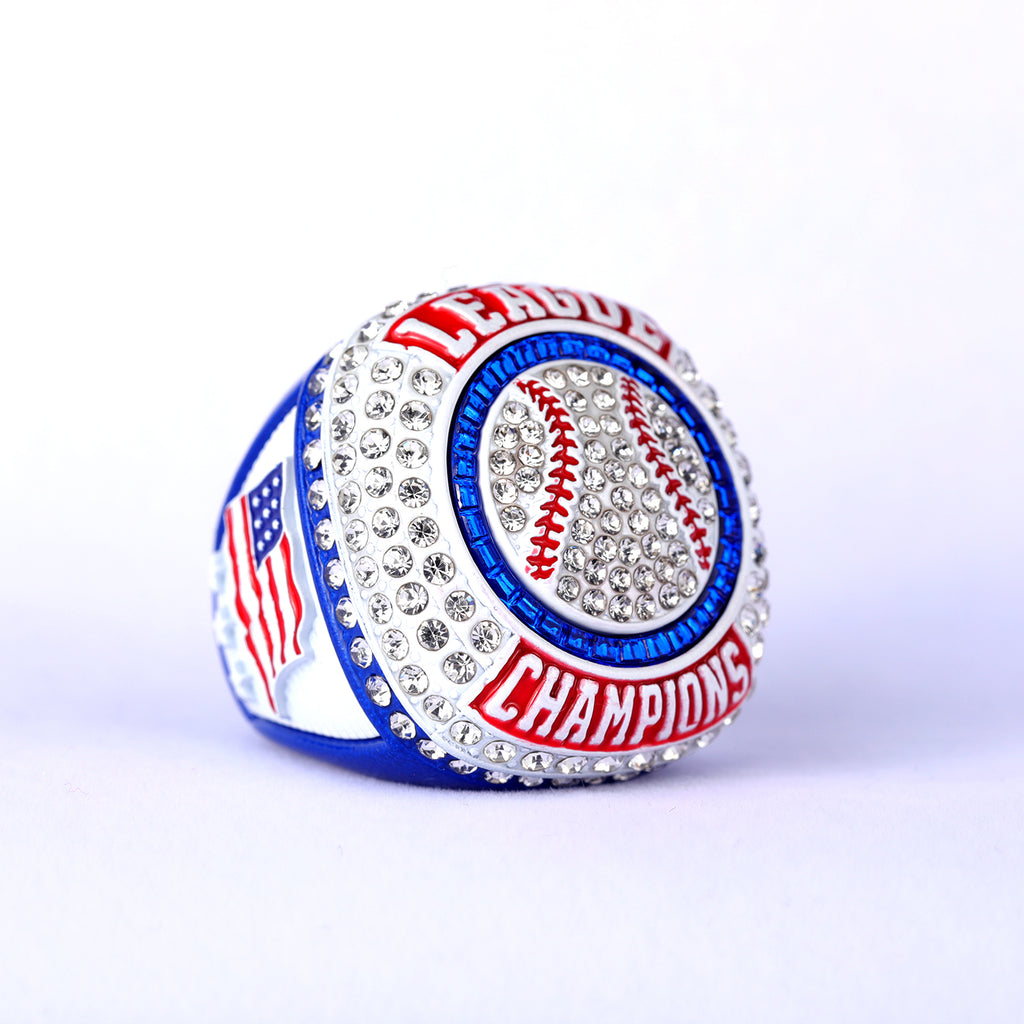 Patriotic Baseball Championship Ring – League Champions Rhinestone Ring (Red/White/Blue)