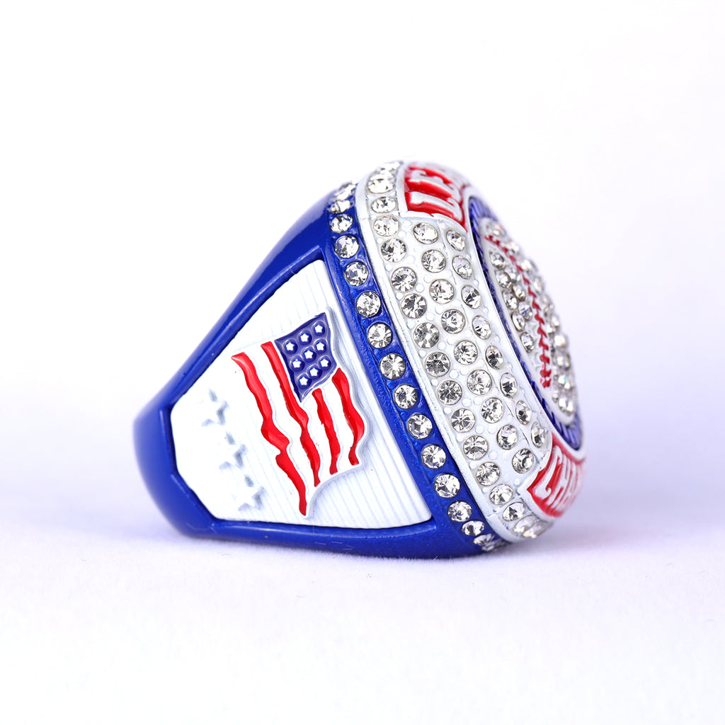 Patriotic Baseball Championship Ring – League Champions Rhinestone Ring (Red/White/Blue)