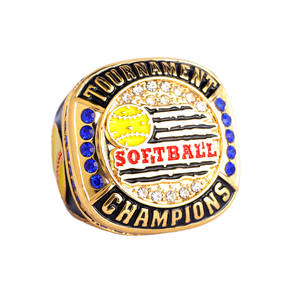 Softball Tournament Champions Ring – Gold Finish with Blue Stones & Custom Top Banner
