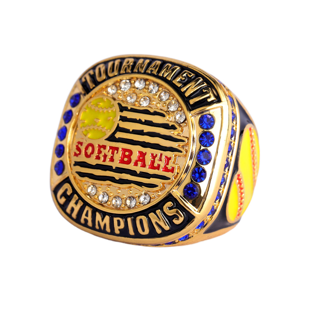 Softball Tournament Champions Ring – Gold Finish with Blue Stones & Custom Top Banner
