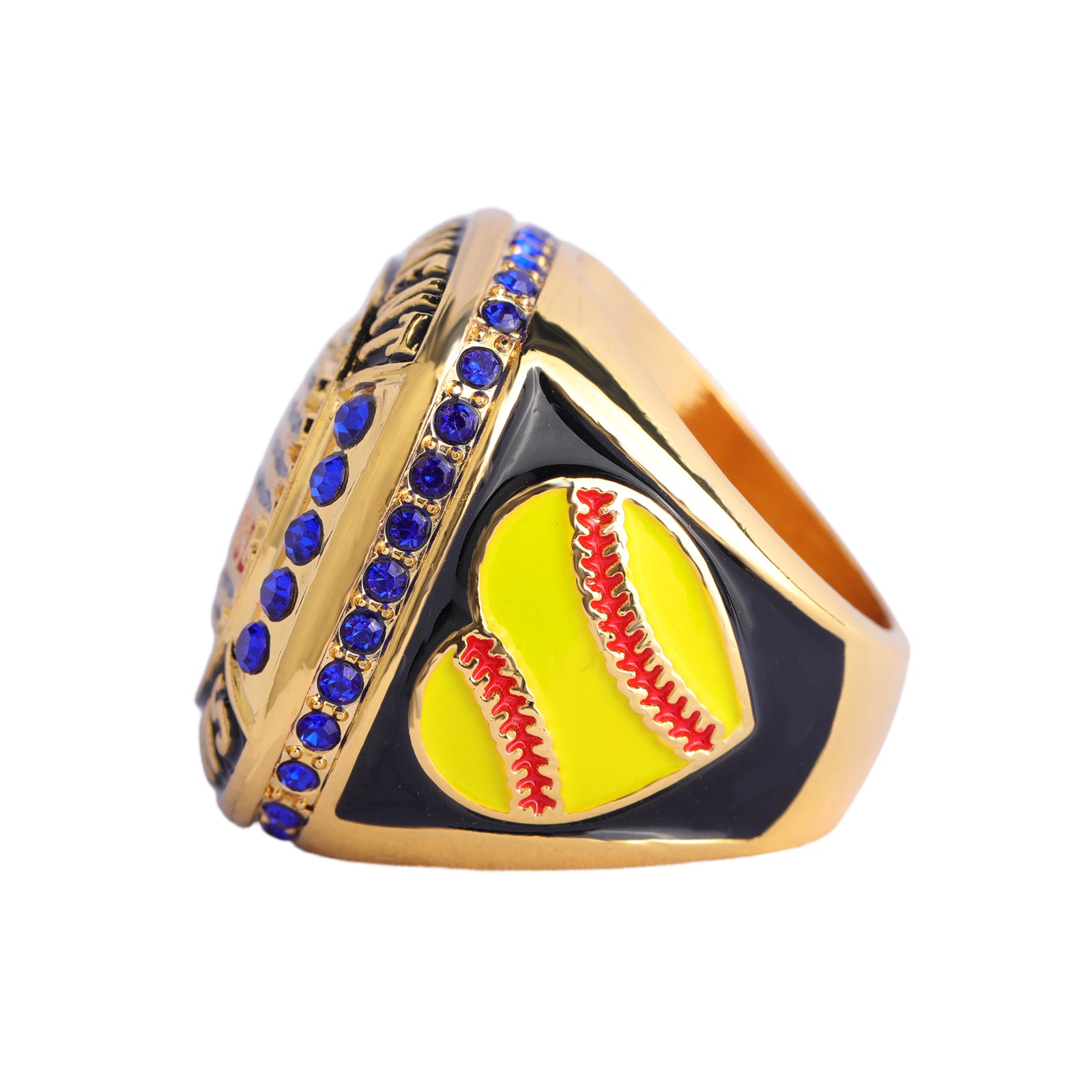 Softball Tournament Champions Ring – Gold Finish with Blue Stones & Custom Top Banner