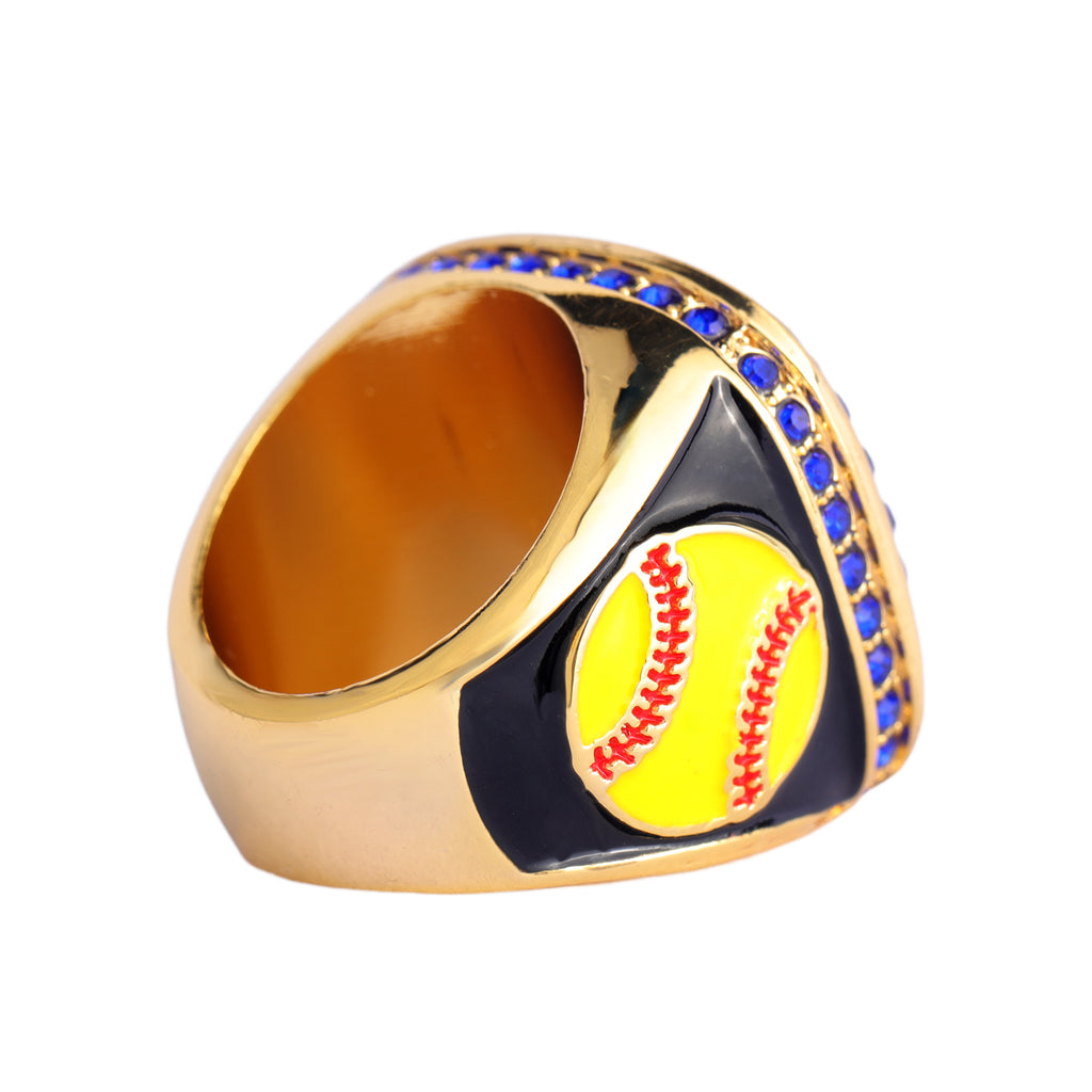 Softball Tournament Champions Ring – Gold Finish with Blue Stones & Custom Top Banner
