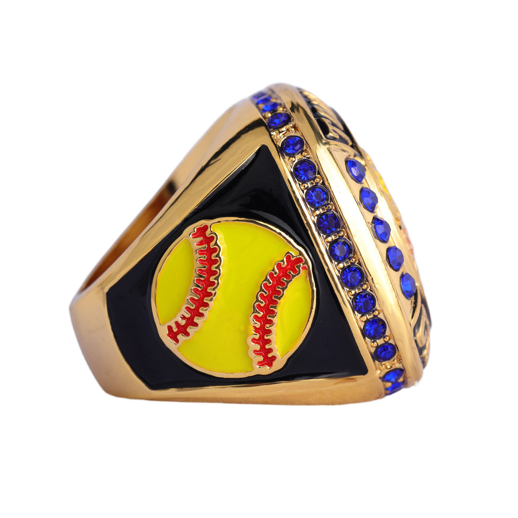 Softball Tournament Champions Ring – Gold Finish with Blue Stones & Custom Top Banner