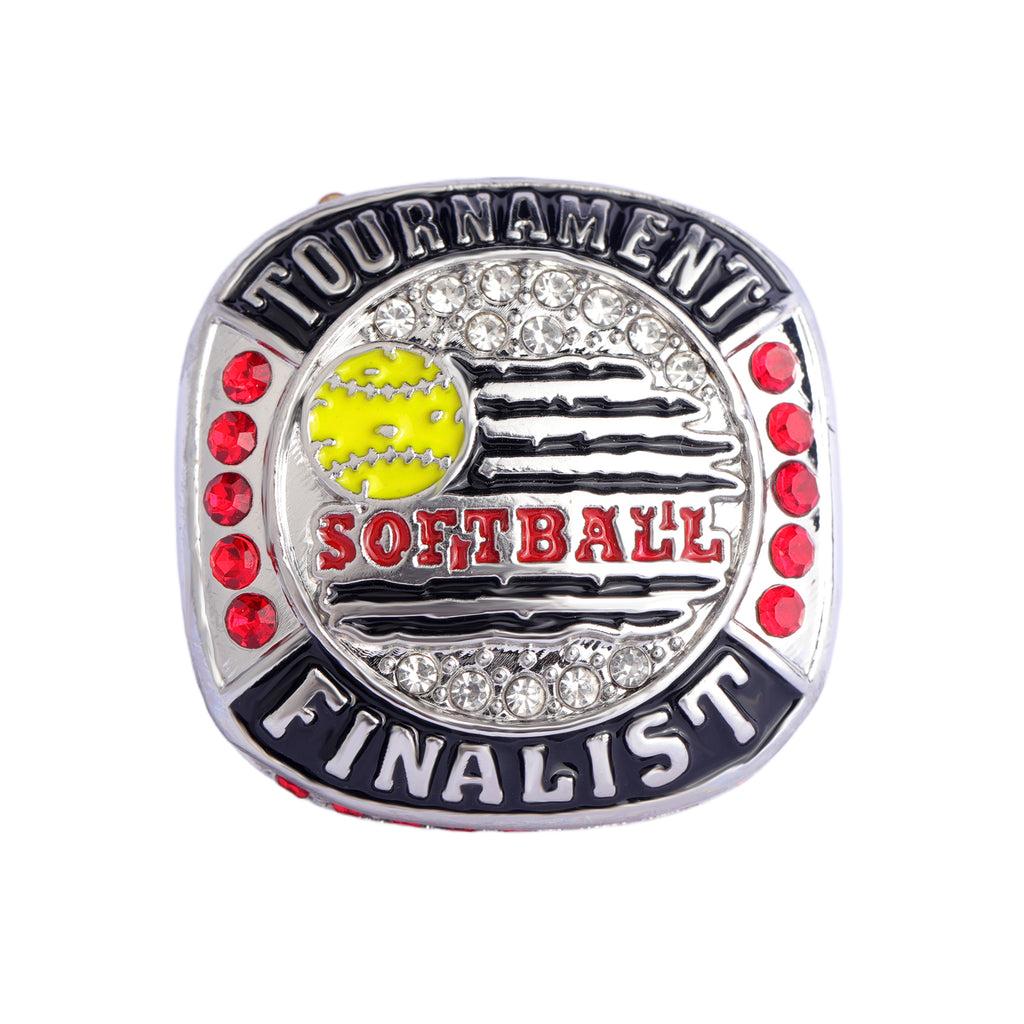 Softball Tournament Finalist Ring – Silver Finish with Red Stones & Bold Championship Design